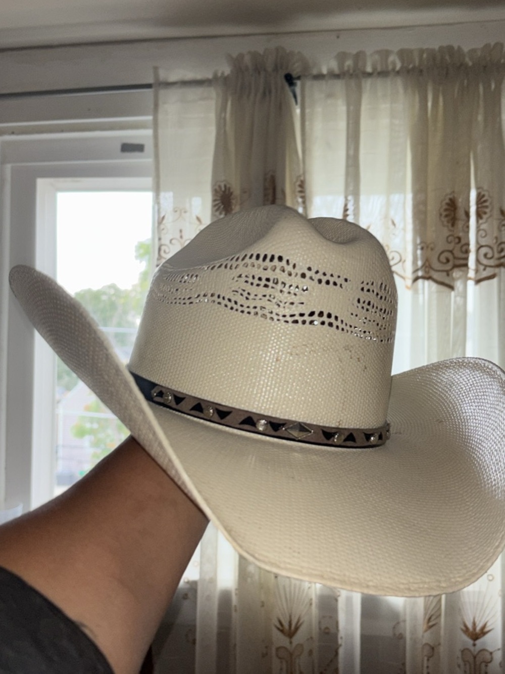 Women's White Straw Cowboy Hat with Studded Band